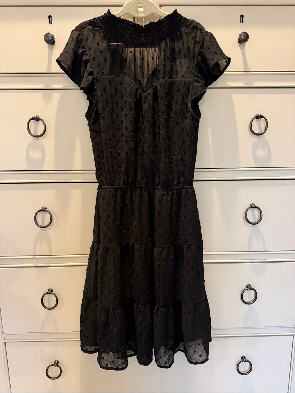 Women’s Monteau Black Swiss Dot Tiered Short-Sleeve Dress